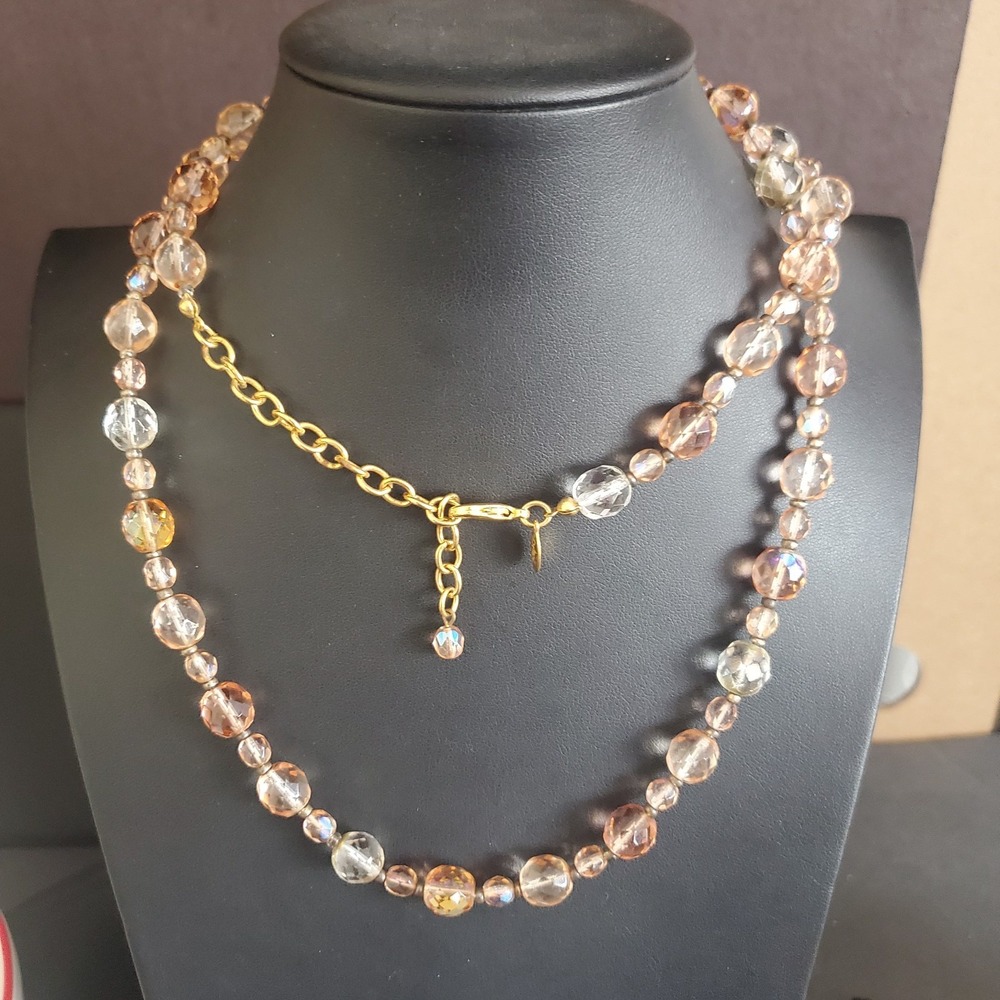 VTG Joan Rivers Pink Czech Glass AB Beaded Necklace Faceted Gold Tone Signed - Picture 4 of 7